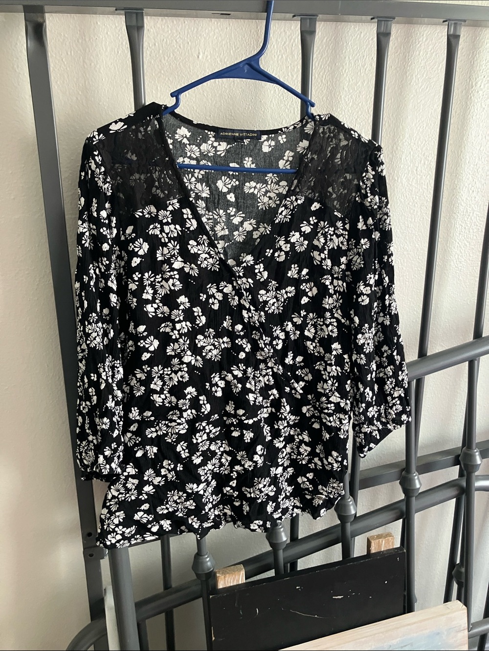 Adrienne Vittadini Black Floral Lace-Trim Wrap Blouse